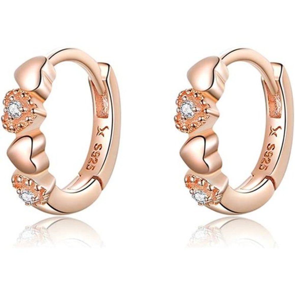 Double CZ Heart Sleeper Hoop Earrings for Women | 18K Rose Gold Plated